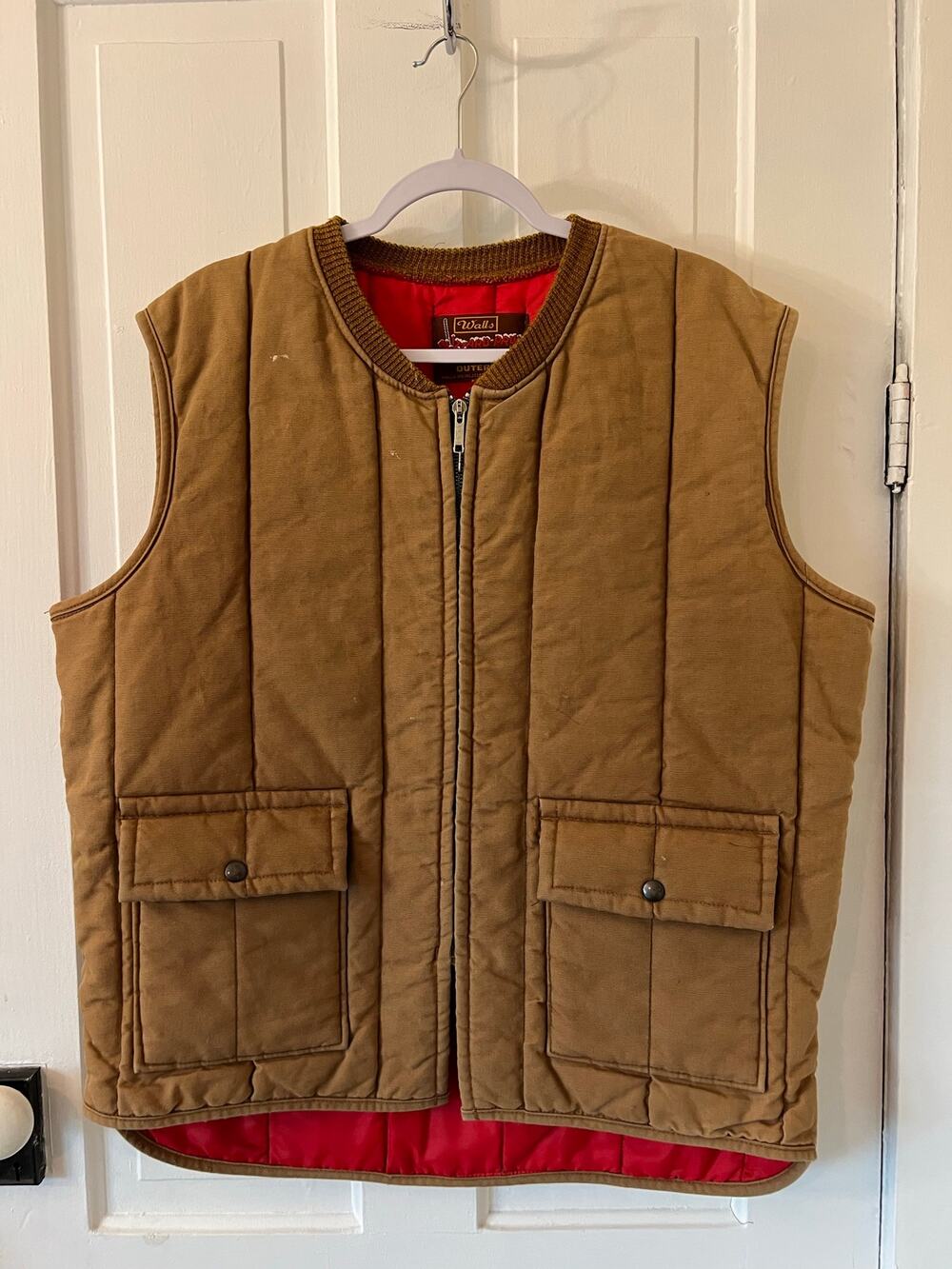 Walls Blizzard Pruf vest tan light brown canvas insulated vintage pockets red